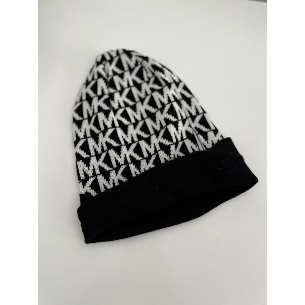 Michael Kors MK Monogram Logo Beanie Hat Black White Cuffed Knit Winter Cap